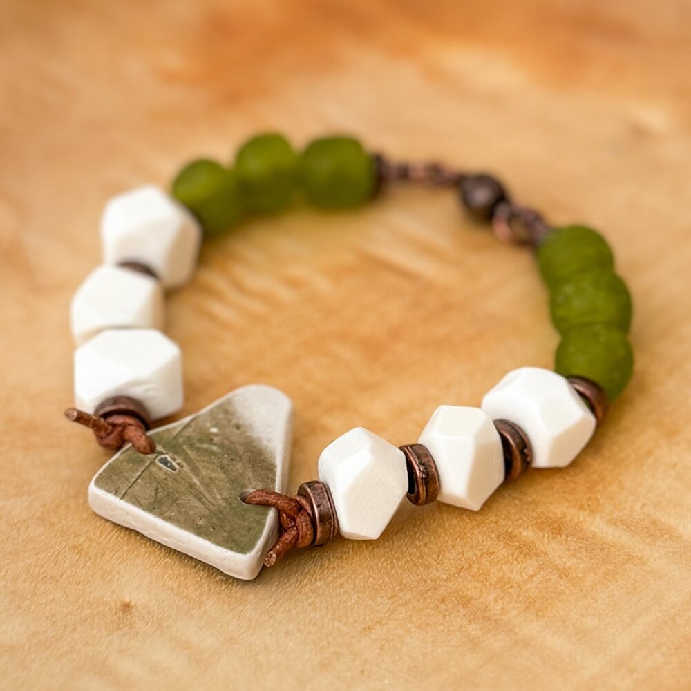 Up-cycled Chunky Artisan Pottery Bracelet with Copper Accents